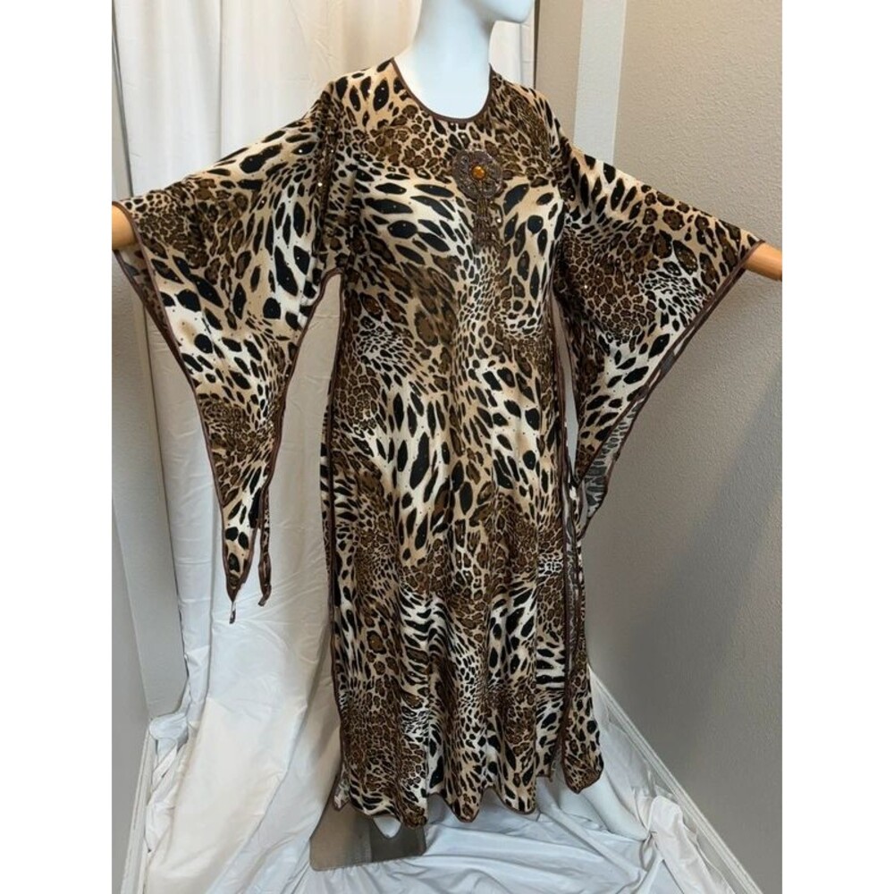 Vintage Leopard Print Beaded Neck Maxi Dress Angel Bell Sleeve